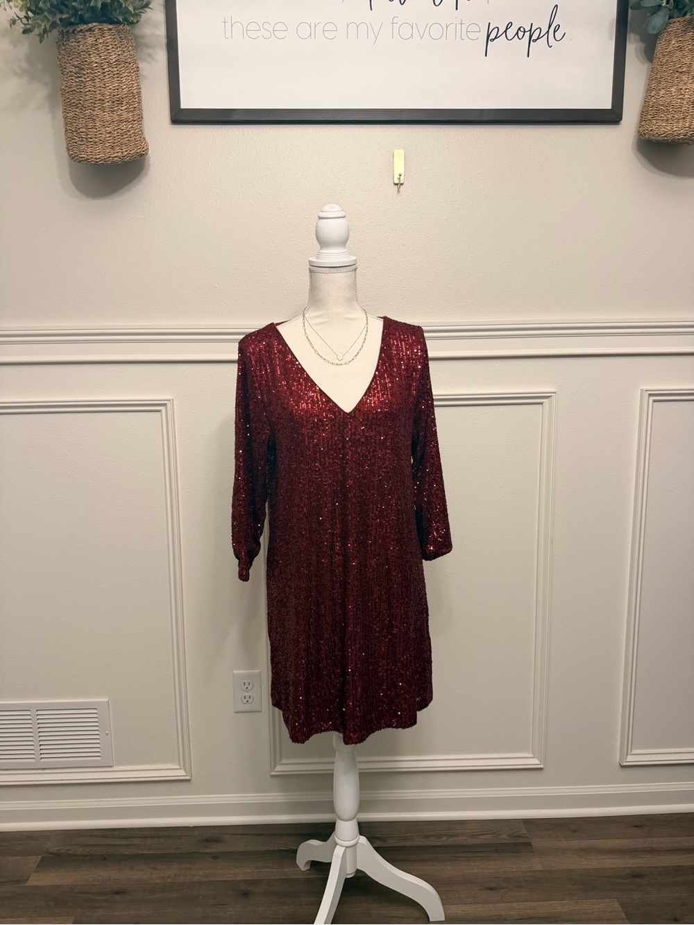Lulu's Burgundy Sequin V-Neck Shift Dress